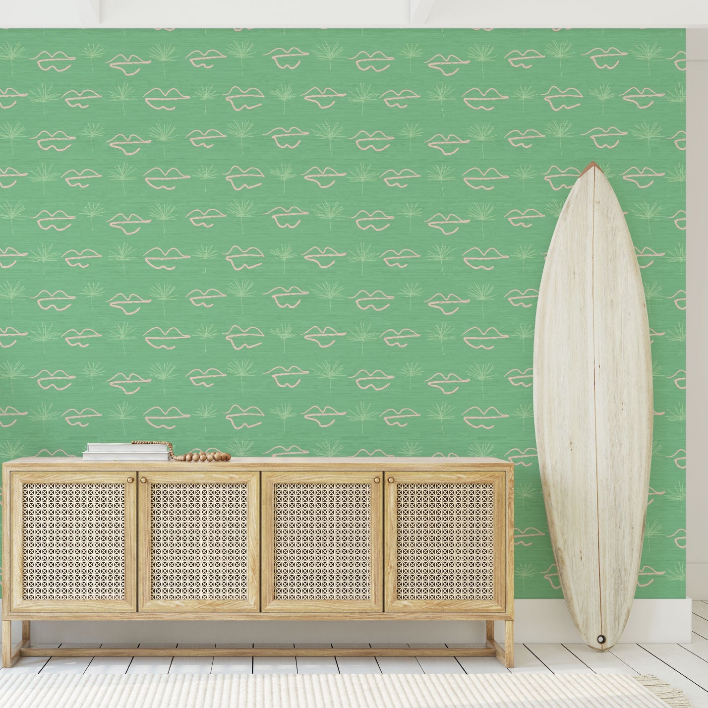 Grasscloth wallpaper Natural Textured Eco-Friendly Non-toxic High-quality Sustainable Interior Design Bold Custom Tailor-made Retro chic Bold Salon Beauty lips Botox jungle bold stripe lips jungle tropical makeup pink green teal palm tree