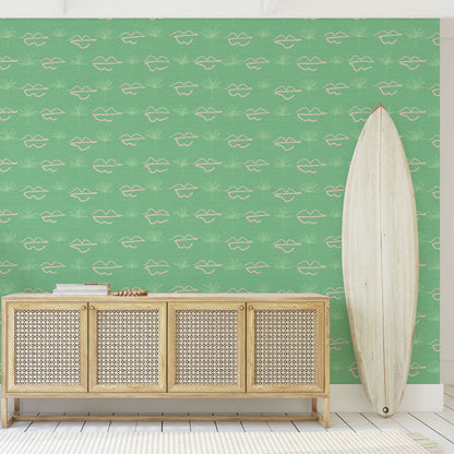 Grasscloth wallpaper Natural Textured Eco-Friendly Non-toxic High-quality Sustainable Interior Design Bold Custom Tailor-made Retro chic Bold Salon Beauty lips Botox jungle bold stripe lips jungle tropical makeup pink green teal palm tree