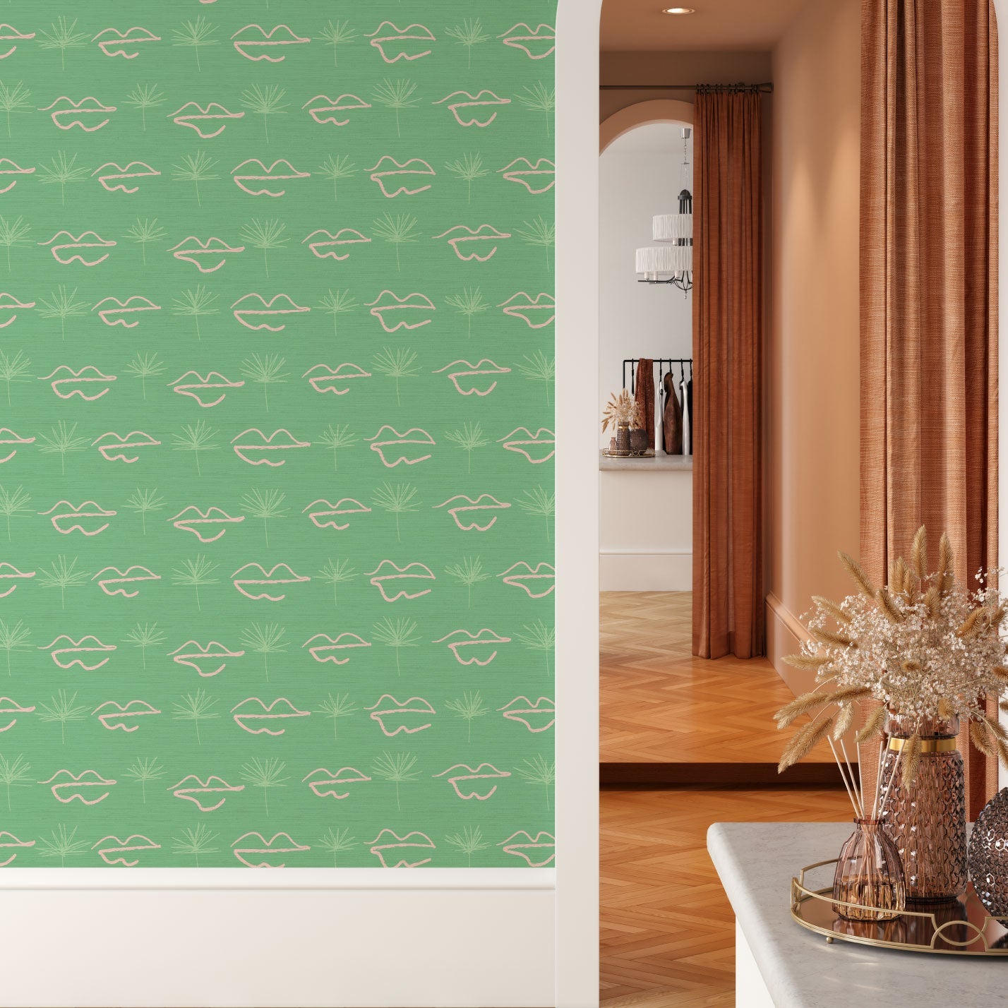 Grasscloth wallpaper Natural Textured Eco-Friendly Non-toxic High-quality Sustainable Interior Design Bold Custom Tailor-made Retro chic Bold Salon Beauty lips Botox jungle bold stripe lips jungle tropical makeup pink green teal palm tree
