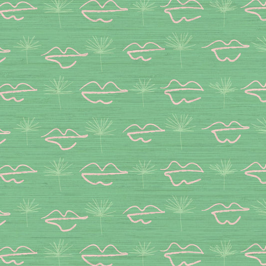 Grasscloth wallpaper Natural Textured Eco-Friendly Non-toxic High-quality Sustainable Interior Design Bold Custom Tailor-made Retro chic Bold Salon Beauty lips Botox jungle bold stripe lips jungle tropical makeup pink green teal palm tree