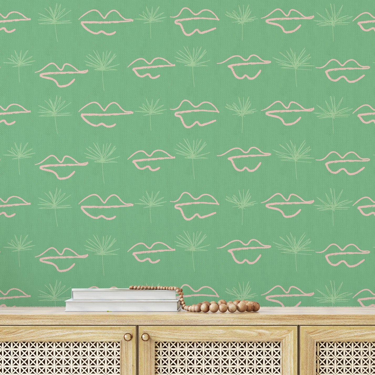 wallpaper Natural Textured Eco-Friendly Non-toxic High-quality Sustainable Interior Design Bold Custom Tailor-made Retro chic Bold Salon Beauty lips Botox jungle bold stripe lips jungle tropical makeup pink green teal palm tree paperweave paper weave