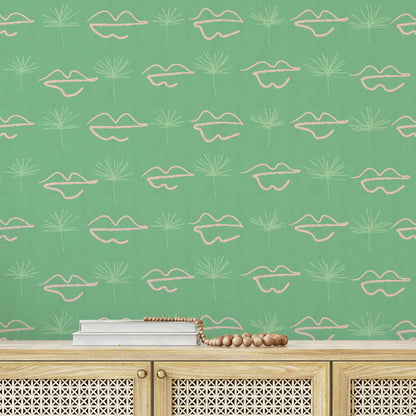 wallpaper Natural Textured Eco-Friendly Non-toxic High-quality Sustainable Interior Design Bold Custom Tailor-made Retro chic Bold Salon Beauty lips Botox jungle bold stripe lips jungle tropical makeup pink green teal palm tree paperweave paper weave