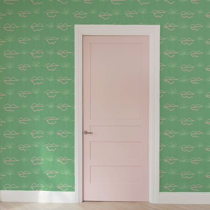 wallpaper Natural Textured Eco-Friendly Non-toxic High-quality Sustainable Interior Design Bold Custom Tailor-made Retro chic Bold Salon Beauty lips Botox jungle bold stripe lips jungle tropical makeup pink green teal palm tree paperweave paper weave