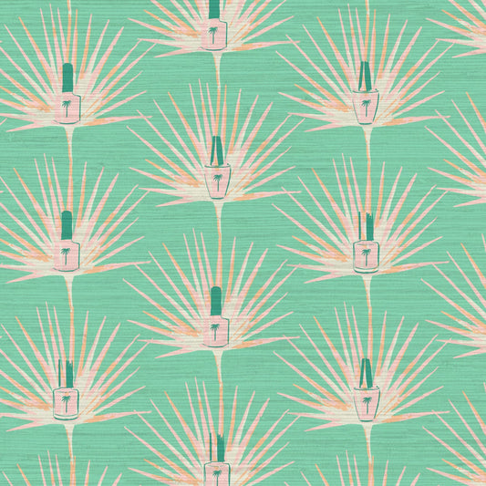 Grasscloth wallpaper Natural Textured Eco-Friendly Non-toxic High-quality  Sustainable Interior Design Bold Custom Tailor-made Retro chic Bold tropical jungle coastal botanical nail polish salon beauty bar makeup palm leaf stripe vertical grid mint green pink coral orange white