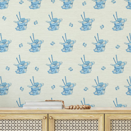 Grasscloth wallpaper Natural Textured Eco-Friendly Non-toxic High-quality  Sustainable Interior Design Bold Custom Tailor-made Retro chic Grandmillennial Maximalism  Traditional Dopamine decor food chinese box asian inspired chopsticks fortune cookie restaurant take-out french blue royal white cream