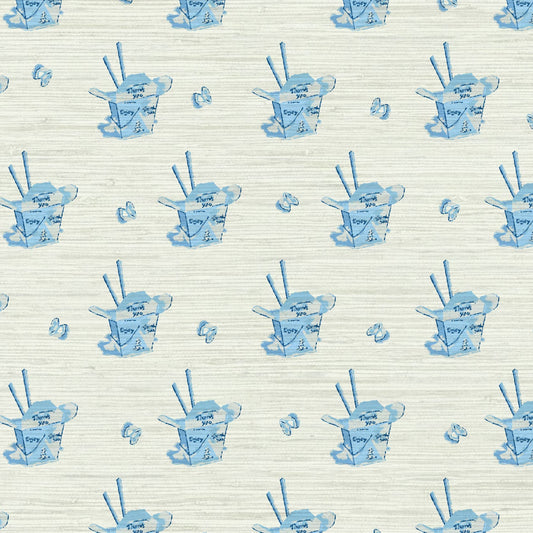 Grasscloth wallpaper Natural Textured Eco-Friendly Non-toxic High-quality  Sustainable Interior Design Bold Custom Tailor-made Retro chic Grandmillennial Maximalism  Traditional Dopamine decor food chinese box asian inspired chopsticks fortune cookie restaurant take-out french blue royal white cream