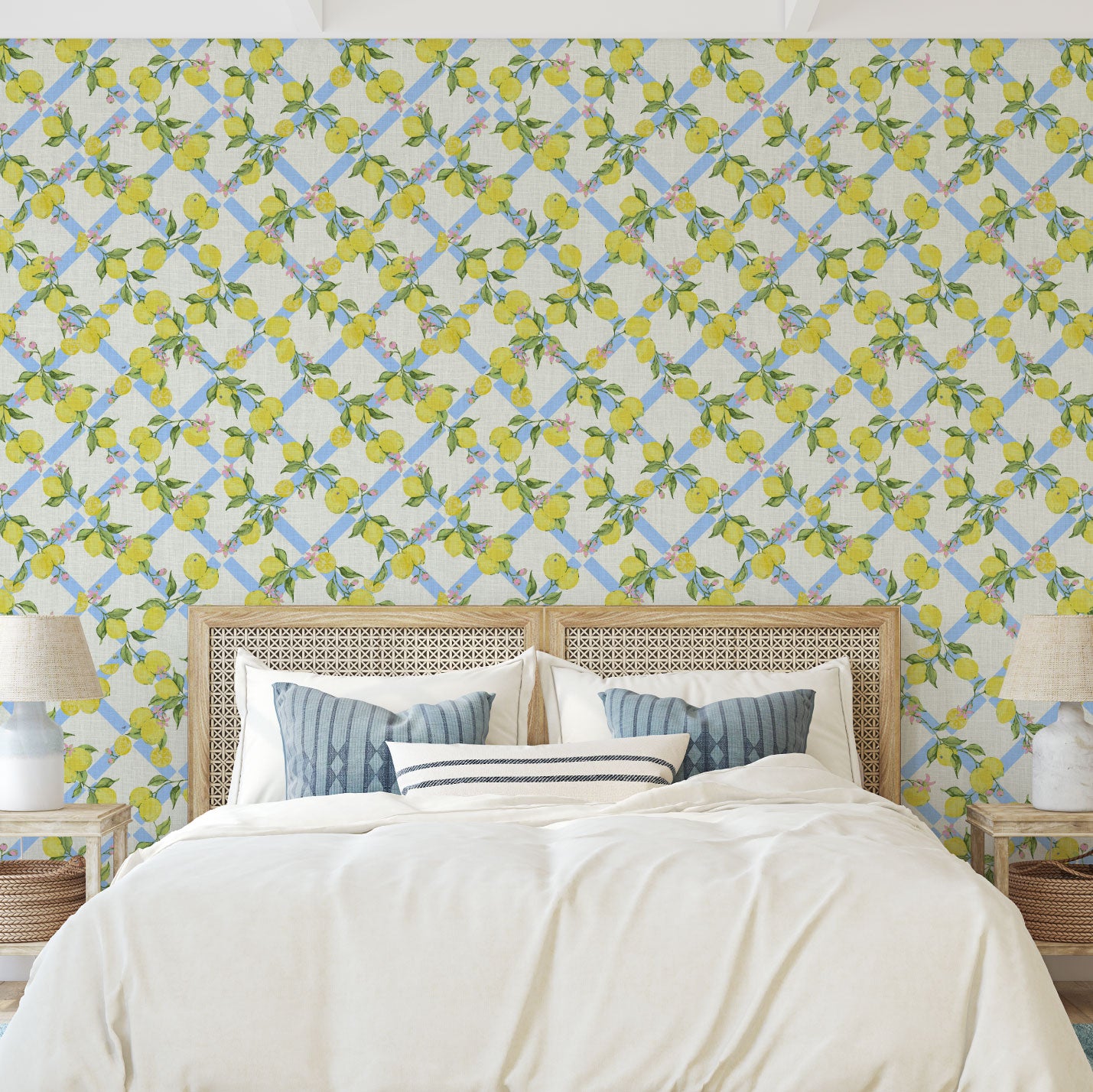 Never Tear Us Apart Lemon Lattice Floral Linen Wallpaper