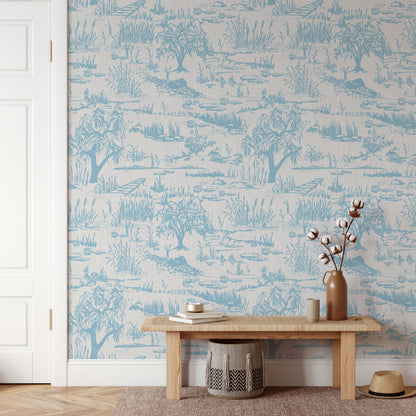 On the Golden Pond Everglade Toile Linen Wallpaper