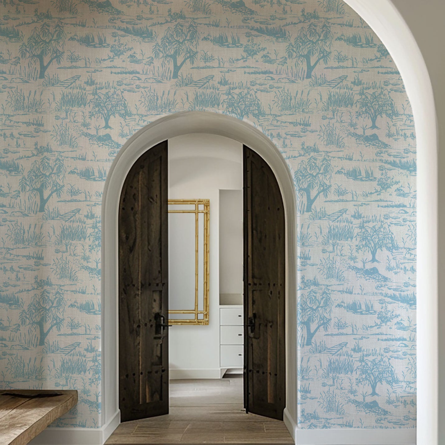 On the Golden Pond Everglade Toile Linen Wallpaper