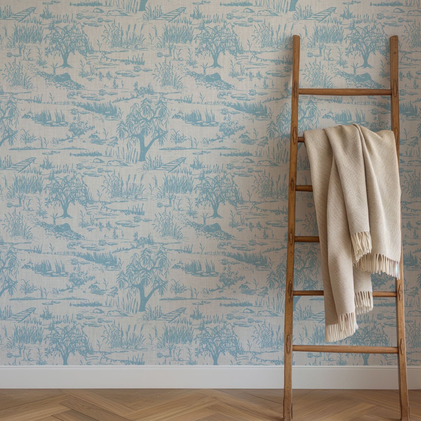 On the Golden Pond Everglade Toile Linen Wallpaper