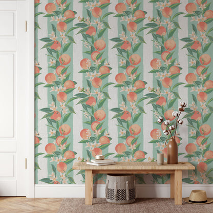 linen wallpaper Natural Textured Eco-Friendly Non-toxic High-quality Sustainable Interior Design Bold Custom Tailor-made Retro chic Bold garden tropical preppy classic stripe vertical peach fuzz georgia fruit bees florals botanical cottage kitchen restaurant breakfast nook soft mint green cream stripe