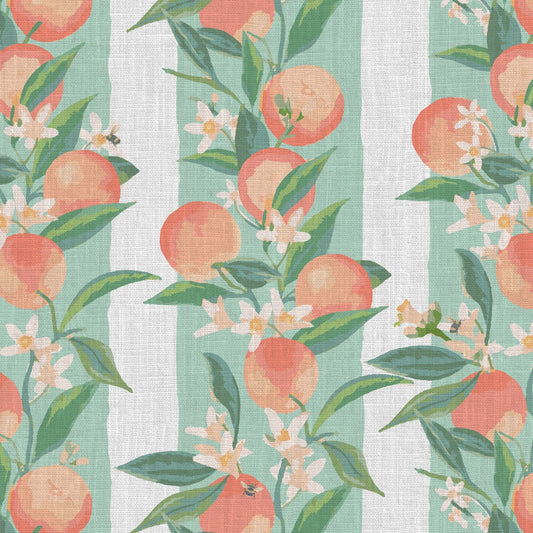 linen wallpaper Natural Textured Eco-Friendly Non-toxic High-quality Sustainable Interior Design Bold Custom Tailor-made Retro chic Bold garden tropical preppy classic stripe vertical peach fuzz georgia fruit bees florals botanical cottage kitchen restaurant breakfast nook soft mint green cream stripe
