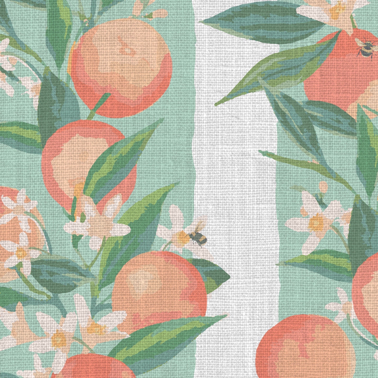 linen wallpaper Natural Textured Eco-Friendly Non-toxic High-quality Sustainable Interior Design Bold Custom Tailor-made Retro chic Bold garden tropical preppy classic stripe vertical peach fuzz georgia fruit bees florals botanical cottage kitchen restaurant breakfast nook soft mint green cream stripe