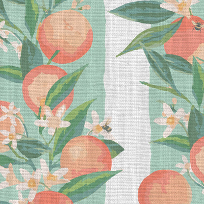 linen wallpaper Natural Textured Eco-Friendly Non-toxic High-quality Sustainable Interior Design Bold Custom Tailor-made Retro chic Bold garden tropical preppy classic stripe vertical peach fuzz georgia fruit bees florals botanical cottage kitchen restaurant breakfast nook soft mint green cream stripe
