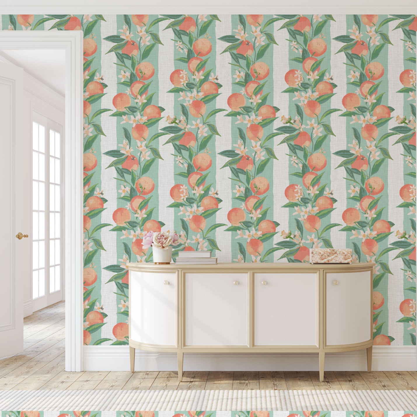 linen wallpaper Natural Textured Eco-Friendly Non-toxic High-quality Sustainable Interior Design Bold Custom Tailor-made Retro chic Bold garden tropical preppy classic stripe vertical peach fuzz georgia fruit bees florals botanical cottage kitchen restaurant breakfast nook soft mint green cream stripe