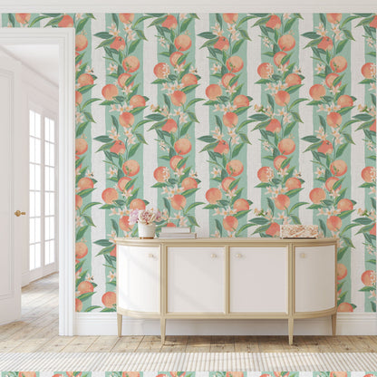 linen wallpaper Natural Textured Eco-Friendly Non-toxic High-quality Sustainable Interior Design Bold Custom Tailor-made Retro chic Bold garden tropical preppy classic stripe vertical peach fuzz georgia fruit bees florals botanical cottage kitchen restaurant breakfast nook soft mint green cream stripe