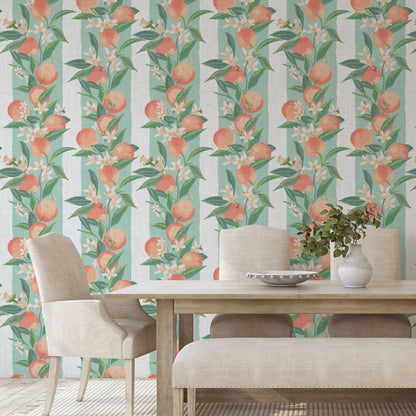 linen wallpaper Natural Textured Eco-Friendly Non-toxic High-quality Sustainable Interior Design Bold Custom Tailor-made Retro chic Bold garden tropical preppy classic stripe vertical peach fuzz georgia fruit bees florals botanical cottage kitchen restaurant breakfast nook soft mint green cream stripe