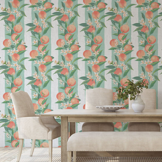 linen wallpaper Natural Textured Eco-Friendly Non-toxic High-quality Sustainable Interior Design Bold Custom Tailor-made Retro chic Bold garden tropical preppy classic stripe vertical peach fuzz georgia fruit bees florals botanical cottage kitchen restaurant breakfast nook soft mint green cream stripe