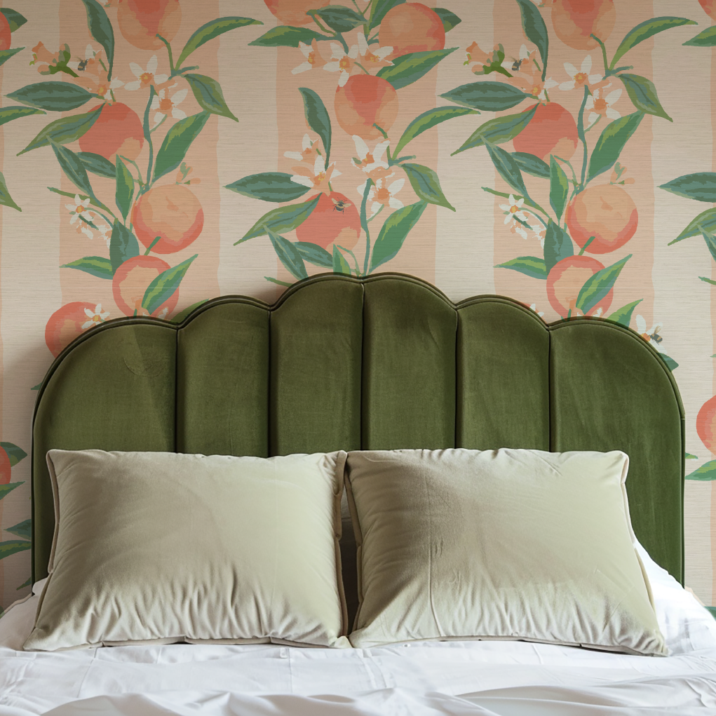 Peach Fuzz Floral Stripe Wallpaper