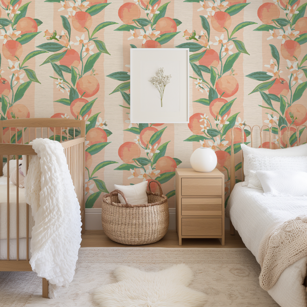 Peach Fuzz Floral Stripe Wallpaper