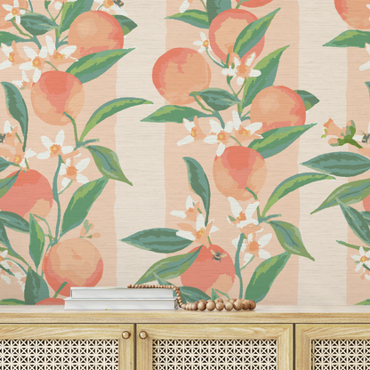Peach Fuzz Floral Stripe Wallpaper