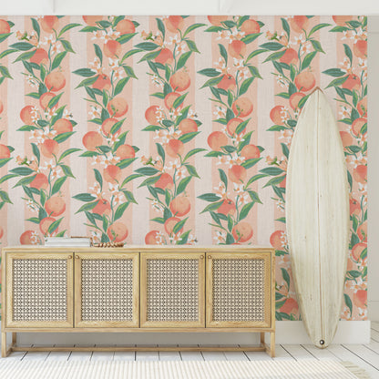 Peach Fuzz Floral Stripe Linen Wallpaper
