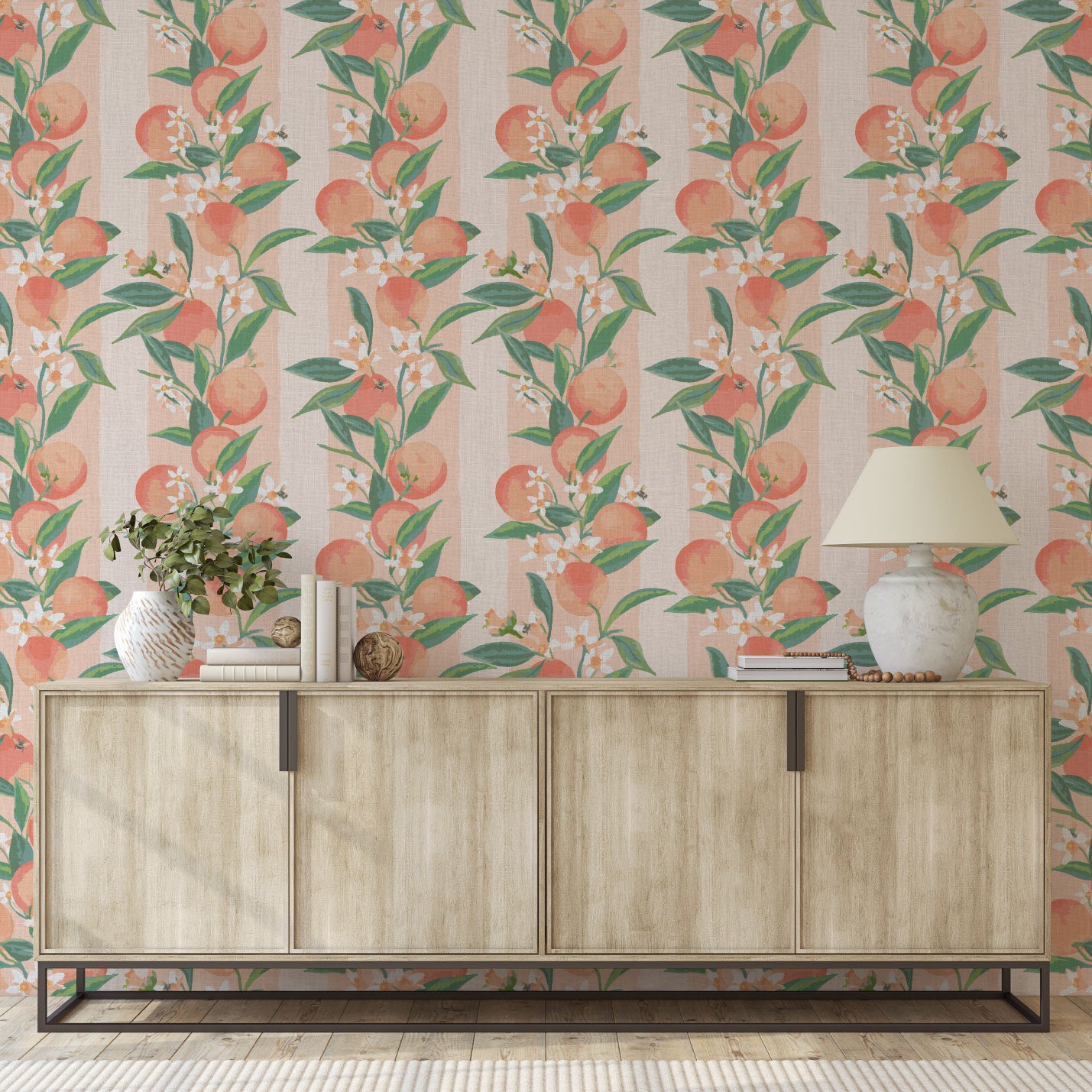 Peach Fuzz Floral Stripe Linen Wallpaper
