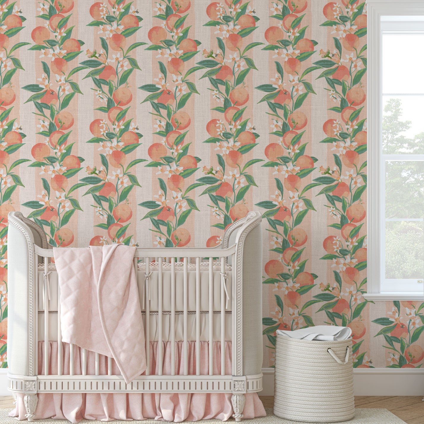 Peach Fuzz Floral Stripe Linen Wallpaper