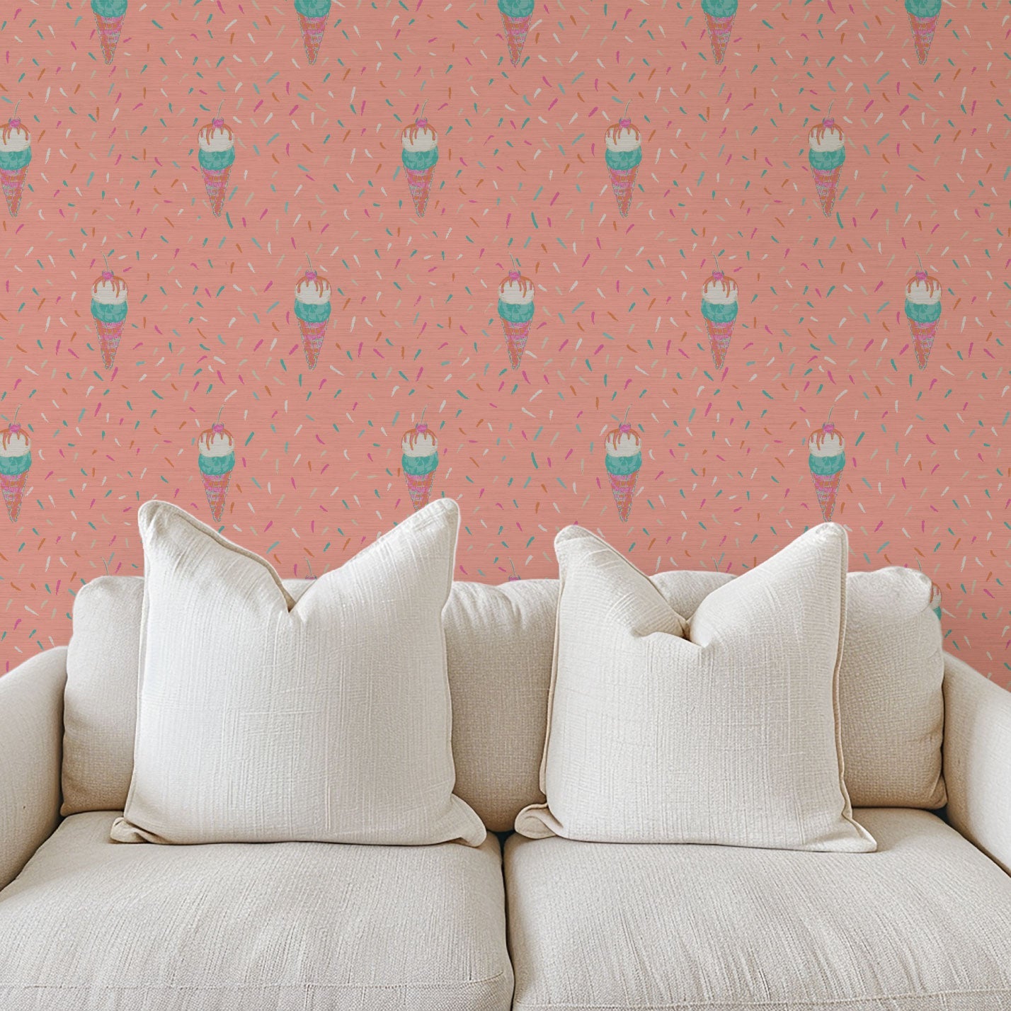 Grasscloth wallpaper Natural Textured Eco-Friendly Non-toxic High-quality  Sustainable Interior Design Bold Custom Tailor-made Retro chic restaurant food sundae ice cream pink sprinkles kids playroom restaurant 