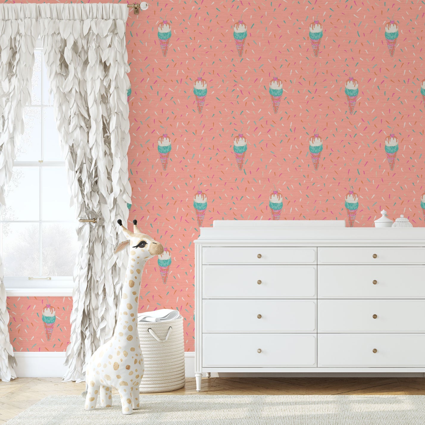 Grasscloth wallpaper Natural Textured Eco-Friendly Non-toxic High-quality  Sustainable Interior Design Bold Custom Tailor-made Retro chic restaurant food sundae ice cream pink sprinkles kids playroom restaurant 