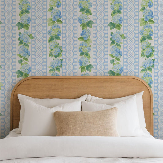 Coastal Garden Seaside Seashore Waterfront Retreat Relaxed beach vibes Beach cottage Shoreline Oceanfront Nautical Cabana preppy vertical stripe ribbon lace floral flowers botanical hydrangea french blue periwinkle leaves garden girl nursery feminine cottage traditional linen high-end luxury designer 
