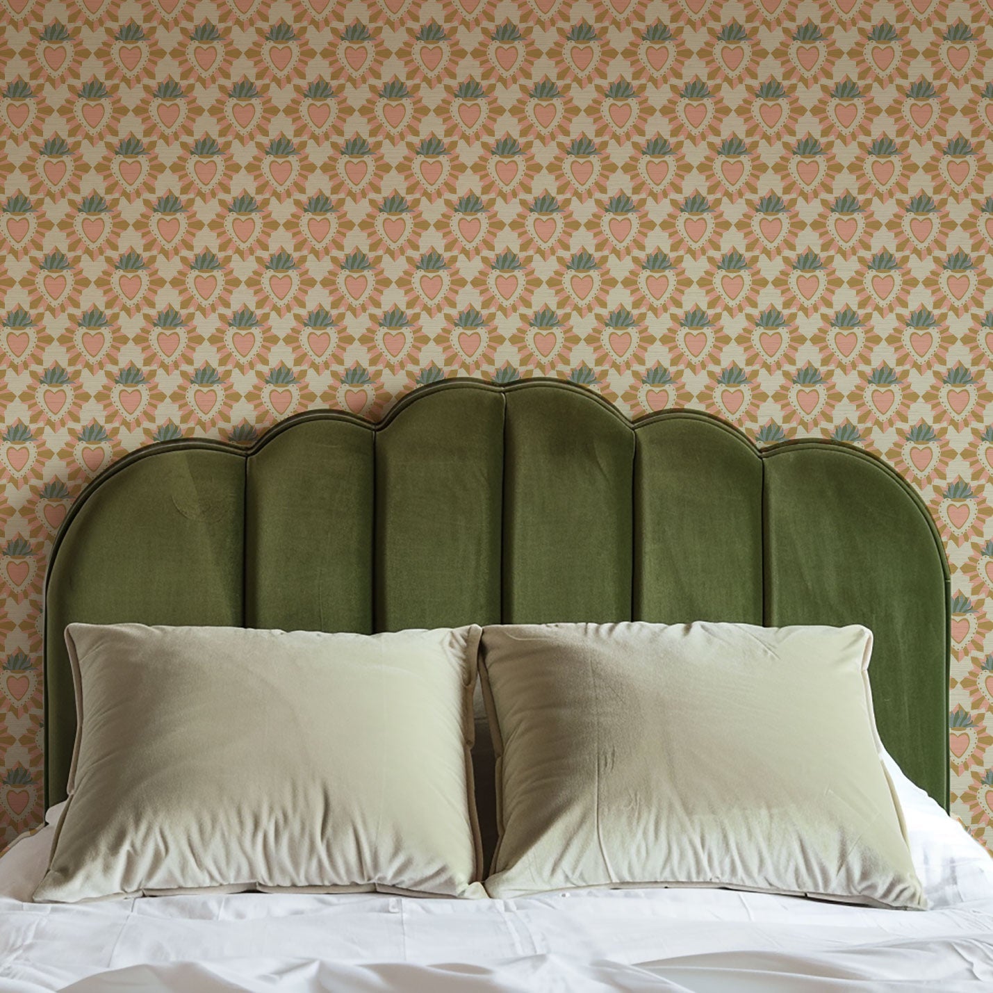 June St. George pink and gold sacred burning heart on beige tan wallpaper wall covering grasscloth grass cloth paper weave textured custom luxury natural woman artist women contemporary modern interior design bold tailor made Eco-Friendly
Non-toxic
High-quality 
Sustainable
Retro chic
Grand millennial
Maximalism 
Traditional
Dopamine decor
girly
