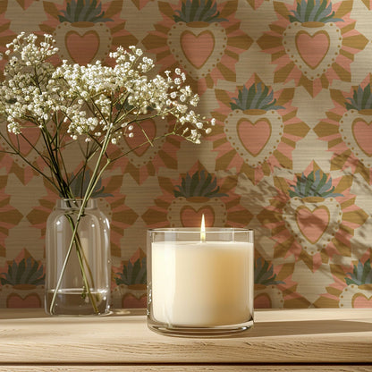 June St. George pink and gold sacred burning heart on beige tan wallpaper wall covering grasscloth grass cloth paper weave textured custom luxury natural woman artist women contemporary modern interior design bold tailor made Eco-Friendly
Non-toxic
High-quality 
Sustainable
Retro chic
Grand millennial
Maximalism 
Traditional
Dopamine decor
girly
