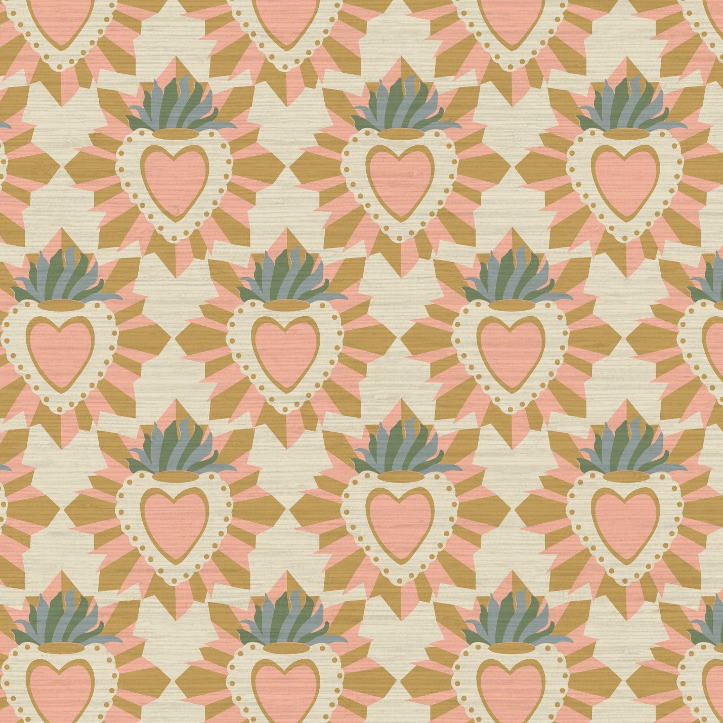 June St. George pink and gold sacred burning heart on beige tan wallpaper wall covering grasscloth grass cloth paper weave textured custom luxury natural woman artist women contemporary modern interior design bold tailor made Eco-Friendly
Non-toxic
High-quality 
Sustainable
Retro chic
Grand millennial
Maximalism 
Traditional
Dopamine decor
girly

