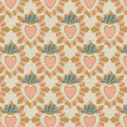 June St. George pink and gold sacred burning heart on beige tan wallpaper wall covering grasscloth grass cloth paper weave textured custom luxury natural woman artist women contemporary modern interior design bold tailor made Eco-Friendly
Non-toxic
High-quality 
Sustainable
Retro chic
Grand millennial
Maximalism 
Traditional
Dopamine decor
girly
