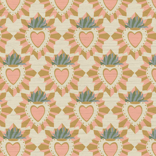 June St. George pink and gold sacred burning heart on beige tan wallpaper wall covering grasscloth grass cloth paper weave textured custom luxury natural woman artist women contemporary modern interior design bold tailor made Eco-Friendly
Non-toxic
High-quality 
Sustainable
Retro chic
Grand millennial
Maximalism 
Traditional
Dopamine decor
girly
