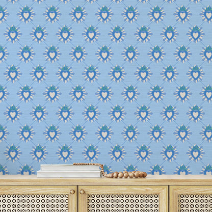 June St. George blue and white sacred burning heart on blue wallpaper wall covering grasscloth grass cloth paper weave textured custom luxury natural woman artist women contemporary modern interior design bold tailor made Eco-Friendly
Non-toxic
High-quality 
Sustainable
Retro chic
Grand millennial
Maximalism 
Traditional
Dopamine decor
girly
