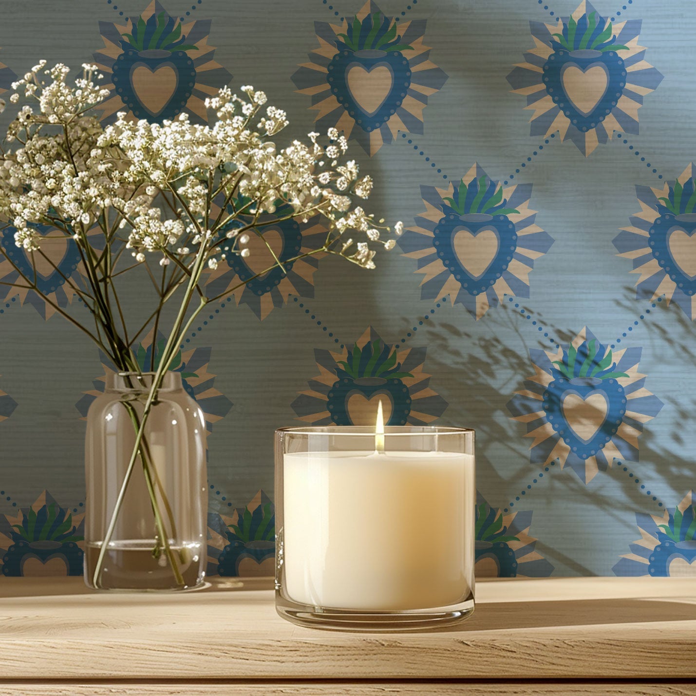 June St. George blue and white sacred burning heart on blue wallpaper wall covering grasscloth grass cloth paper weave textured custom luxury natural woman artist women contemporary modern interior design bold tailor made Eco-Friendly
Non-toxic
High-quality 
Sustainable
Retro chic
Grand millennial
Maximalism 
Traditional
Dopamine decor
girly

