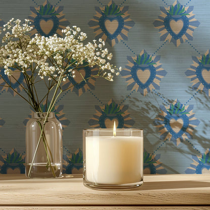 June St. George blue and white sacred burning heart on blue wallpaper wall covering grasscloth grass cloth paper weave textured custom luxury natural woman artist women contemporary modern interior design bold tailor made Eco-Friendly
Non-toxic
High-quality 
Sustainable
Retro chic
Grand millennial
Maximalism 
Traditional
Dopamine decor
girly
