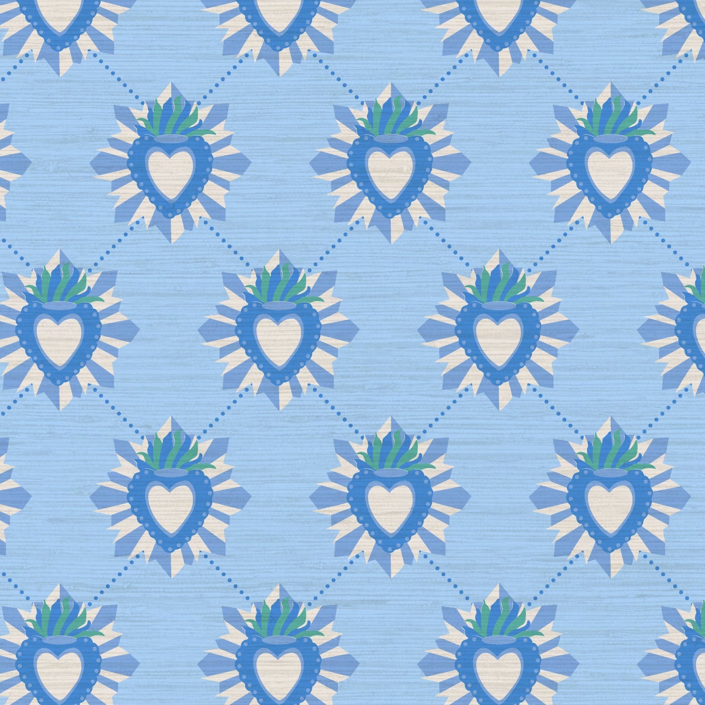 June St. George blue and white sacred burning heart on blue wallpaper wall covering grasscloth grass cloth paper weave textured custom luxury natural woman artist women contemporary modern interior design bold tailor made Eco-Friendly
Non-toxic
High-quality 
Sustainable
Retro chic
Grand millennial
Maximalism 
Traditional
Dopamine decor
girly
