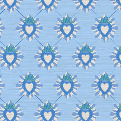 June St. George blue and white sacred burning heart on blue wallpaper wall covering grasscloth grass cloth paper weave textured custom luxury natural woman artist women contemporary modern interior design bold tailor made Eco-Friendly
Non-toxic
High-quality 
Sustainable
Retro chic
Grand millennial
Maximalism 
Traditional
Dopamine decor
girly
