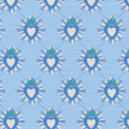 June St. George blue and white sacred burning heart on blue wallpaper wall covering grasscloth grass cloth paper weave textured custom luxury natural woman artist women contemporary modern interior design bold tailor made Eco-Friendly
Non-toxic
High-quality 
Sustainable
Retro chic
Grand millennial
Maximalism 
Traditional
Dopamine decor
girly
