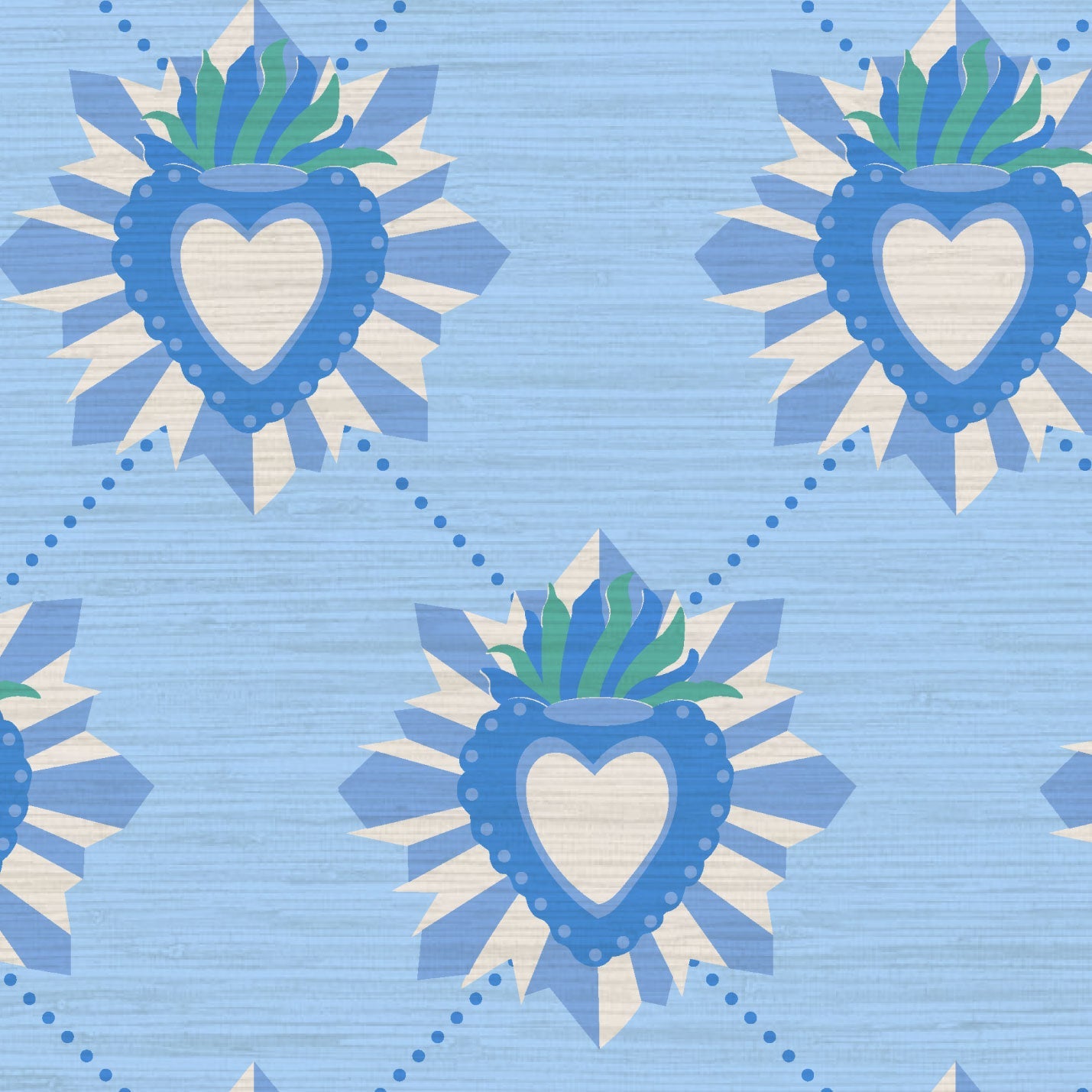 June St. George blue and white sacred burning heart on blue wallpaper wall covering grasscloth grass cloth paper weave textured custom luxury natural woman artist women contemporary modern interior design bold tailor made Eco-Friendly
Non-toxic
High-quality 
Sustainable
Retro chic
Grand millennial
Maximalism 
Traditional
Dopamine decor
girly
