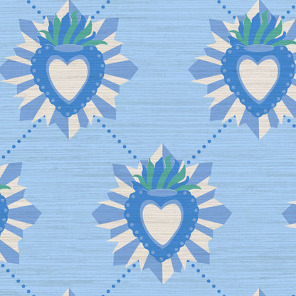 June St. George blue and white sacred burning heart on blue wallpaper wall covering grasscloth grass cloth paper weave textured custom luxury natural woman artist women contemporary modern interior design bold tailor made Eco-Friendly
Non-toxic
High-quality 
Sustainable
Retro chic
Grand millennial
Maximalism 
Traditional
Dopamine decor
girly
