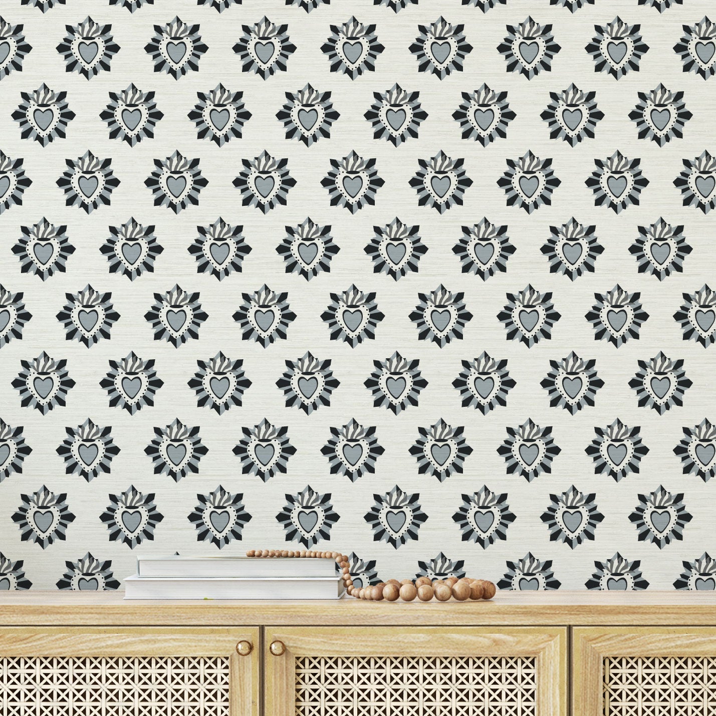 June St. George blue and white sacred burning heart wallpaper wall covering grasscloth grass cloth paper weave textured custom luxury natural woman artist women contemporary modern interior design bold tailor made Eco-Friendly
Non-toxic
High-quality 
Sustainable
Retro chic
Grand millennial
Maximalism 
Traditional
Dopamine decor
girly
