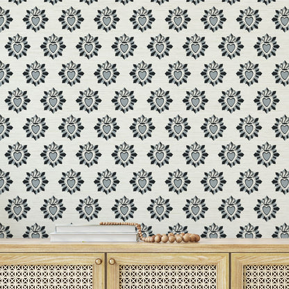 June St. George blue and white sacred burning heart wallpaper wall covering grasscloth grass cloth paper weave textured custom luxury natural woman artist women contemporary modern interior design bold tailor made Eco-Friendly
Non-toxic
High-quality 
Sustainable
Retro chic
Grand millennial
Maximalism 
Traditional
Dopamine decor
girly
