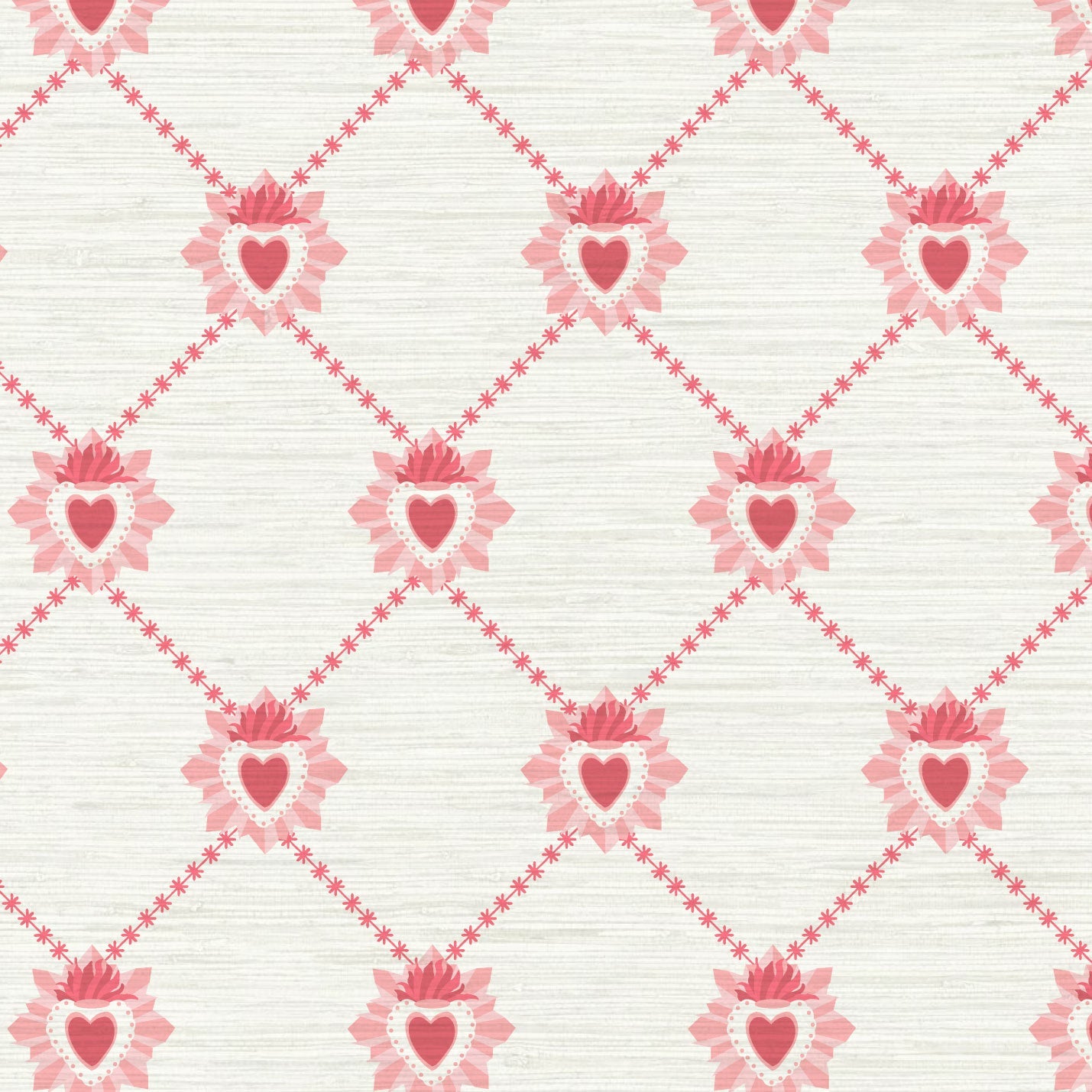 June St. George red and pink sacred burning hearts on white wallpaper wall covering grasscloth grass cloth paper weave textured custom luxury natural woman artist women contemporary modern interior design bold tailor made Eco-Friendly
Non-toxic
High-quality 
Sustainable
Retro chic
Grand millennial
Maximalism 
Traditional
Dopamine decor
girly
