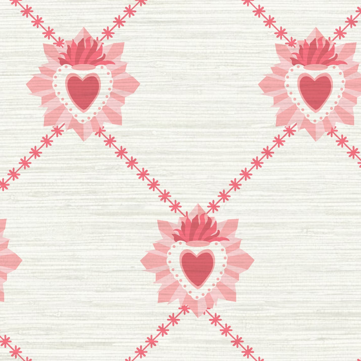 June St. George red and pink sacred burning hearts on white wallpaper wall covering grasscloth grass cloth paper weave textured custom luxury natural woman artist women contemporary modern interior design bold tailor made Eco-Friendly
Non-toxic
High-quality 
Sustainable
Retro chic
Grand millennial
Maximalism 
Traditional
Dopamine decor
girly
