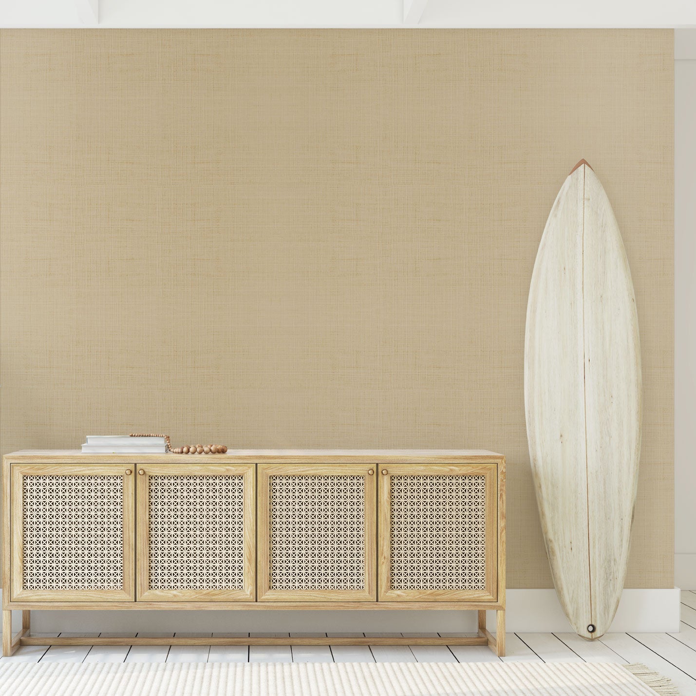 non-toxic sisal textured wallpaper, eco friendly and sustainable on this designer wallcovering that is a tan, cream colored neutral wall covering Sustainable Interior Design Bold Custom Tailor-made Retro chic Tropical Jungle Coastal Garden Seaside Coastal Seashore Waterfront Vacation home styling Retreat Relaxed beach vibes Beach cottage Shoreline Oceanfront Nautical Cabana preppy nature cottage contemporary timeless entrance foyer surf