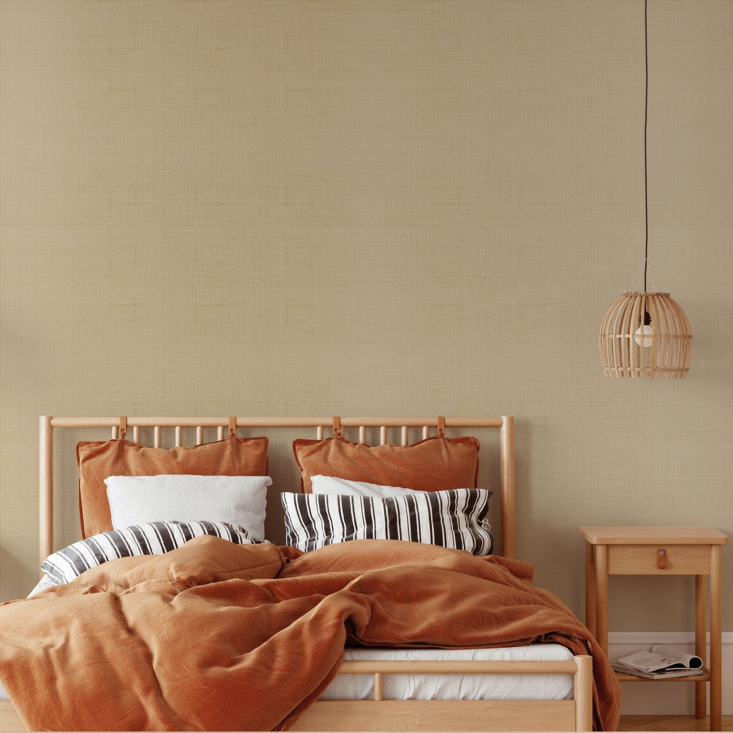 non-toxic sisal textured wallpaper, eco friendly and sustainable on this designer wallcovering that is a tan, cream colored neutral wall covering Sustainable Interior Design Bold Custom Tailor-made Retro chic Tropical Jungle Coastal Garden Seaside Coastal Seashore Waterfront Vacation home styling Retreat Relaxed beach vibes Beach cottage Shoreline Oceanfront Nautical Cabana preppy nature cottage contemporary timeless bedrrom